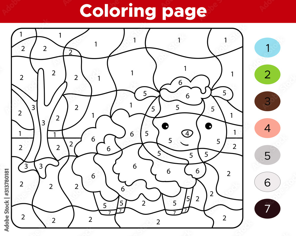 Coloring page by numbers. Cute cartoon farm animal - sheep. Educational