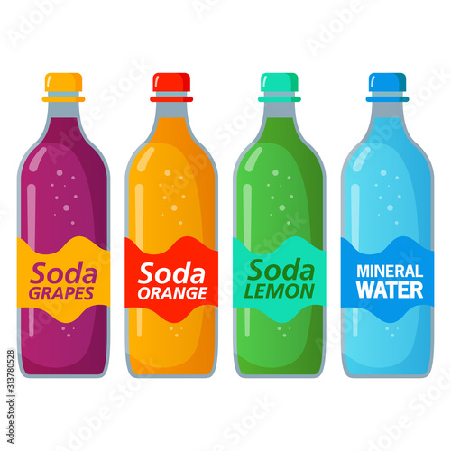 Sweet sparkling water soda.Beverage soft orange and lemon,mineral and grape sweet carbonated of glass bottle.Set of  plastic bottles.Flat illustration vector icons.