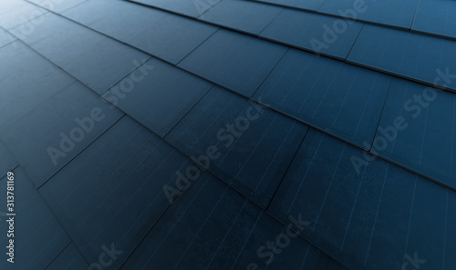Solar roof concept. Building-integrated photovoltaics system consisting of modern monocrystal black solar roof tiles. 3d rendering.