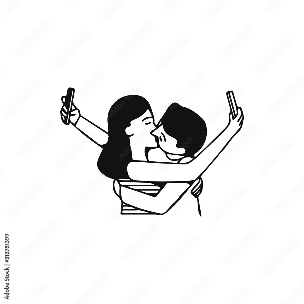 couple in love kissing and taking selfie cartoon vector illustration graphic design.