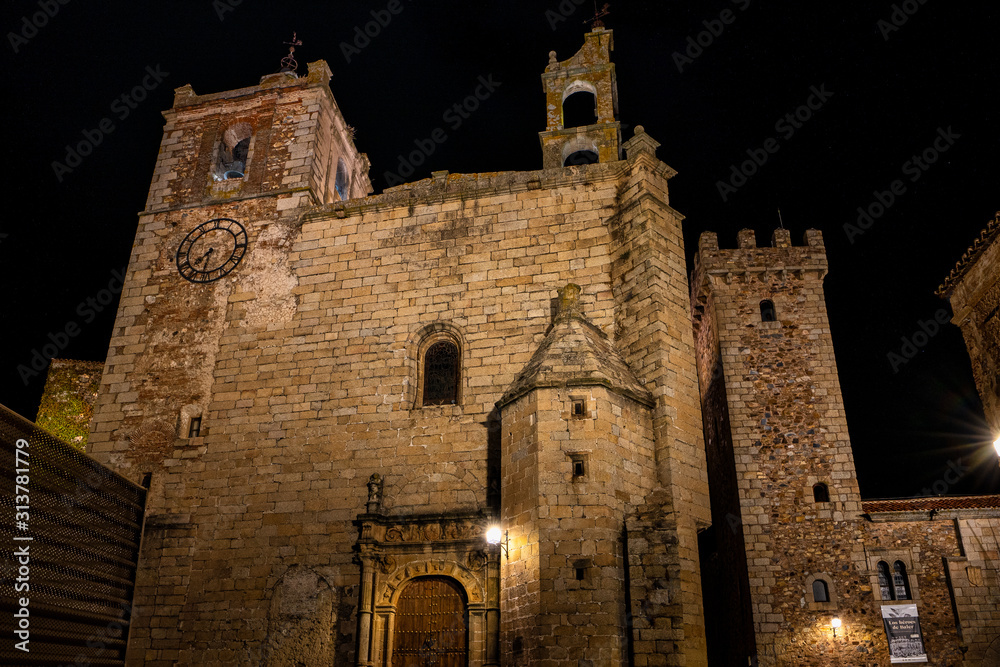 Saint Matthew Church, Iglesia de San Mateo in Caceres, Spain at night