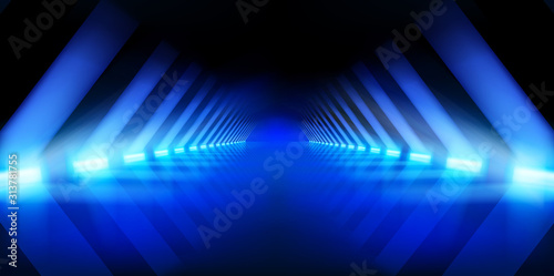 Illuminated hall. Dark corridor with brightly lit neon lamps. Lighting effects, show. Blue background. Vector illustration.