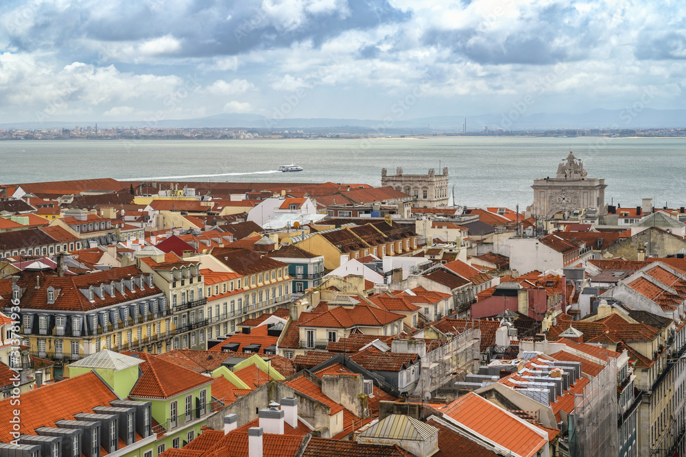 Fototapeta premium Lisbon Portugal, aerial view city skyline at Lisbon Baixa district