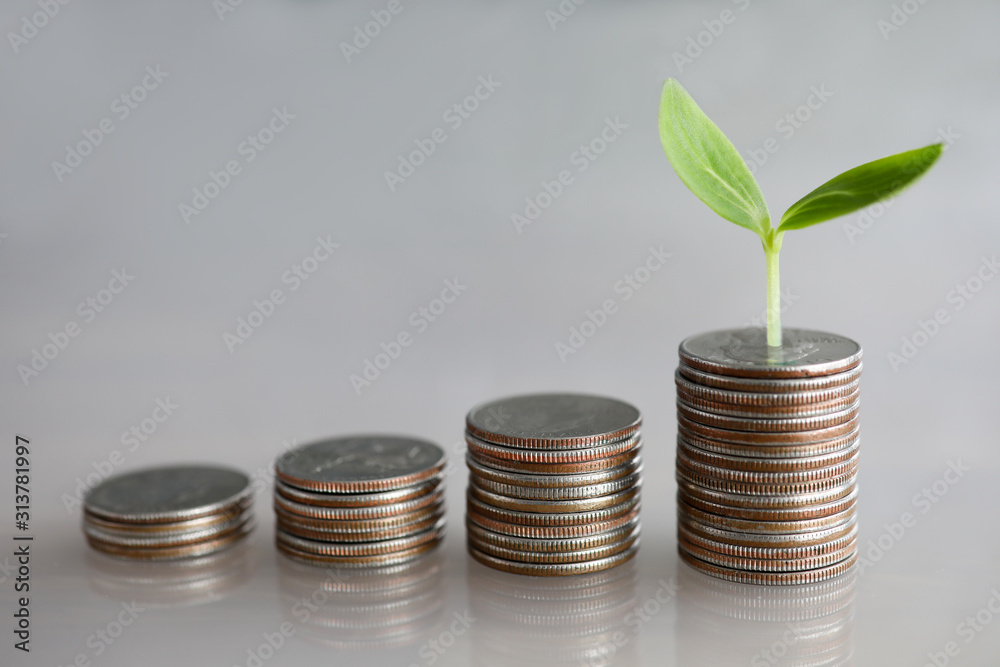 Chart tower with silver metall coin against gray background Chart tower with silver metall coin against gray background