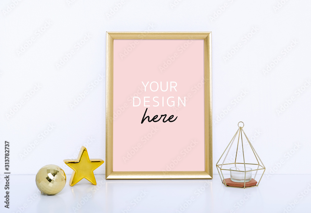 Gold frame mockup with vase and object for interior decoration. Mock up for your photo or text Place your work.