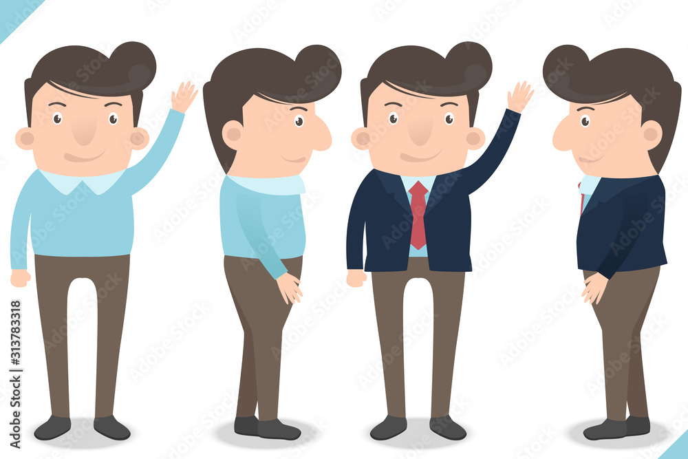 Funny cartoon and happy business man character while hand raising. Vector illustration eps file. Businessman Character in various pose. Funny cartoon and happy business man character while hand raising. Vector illustration eps file. Businessman Character in various pose.