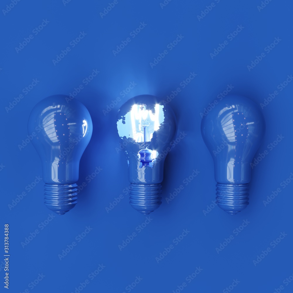 Classic Blue Light bulb Color Crack With Lighting glow on blue background. Minimal concept ideas. Top view. 3D Render.