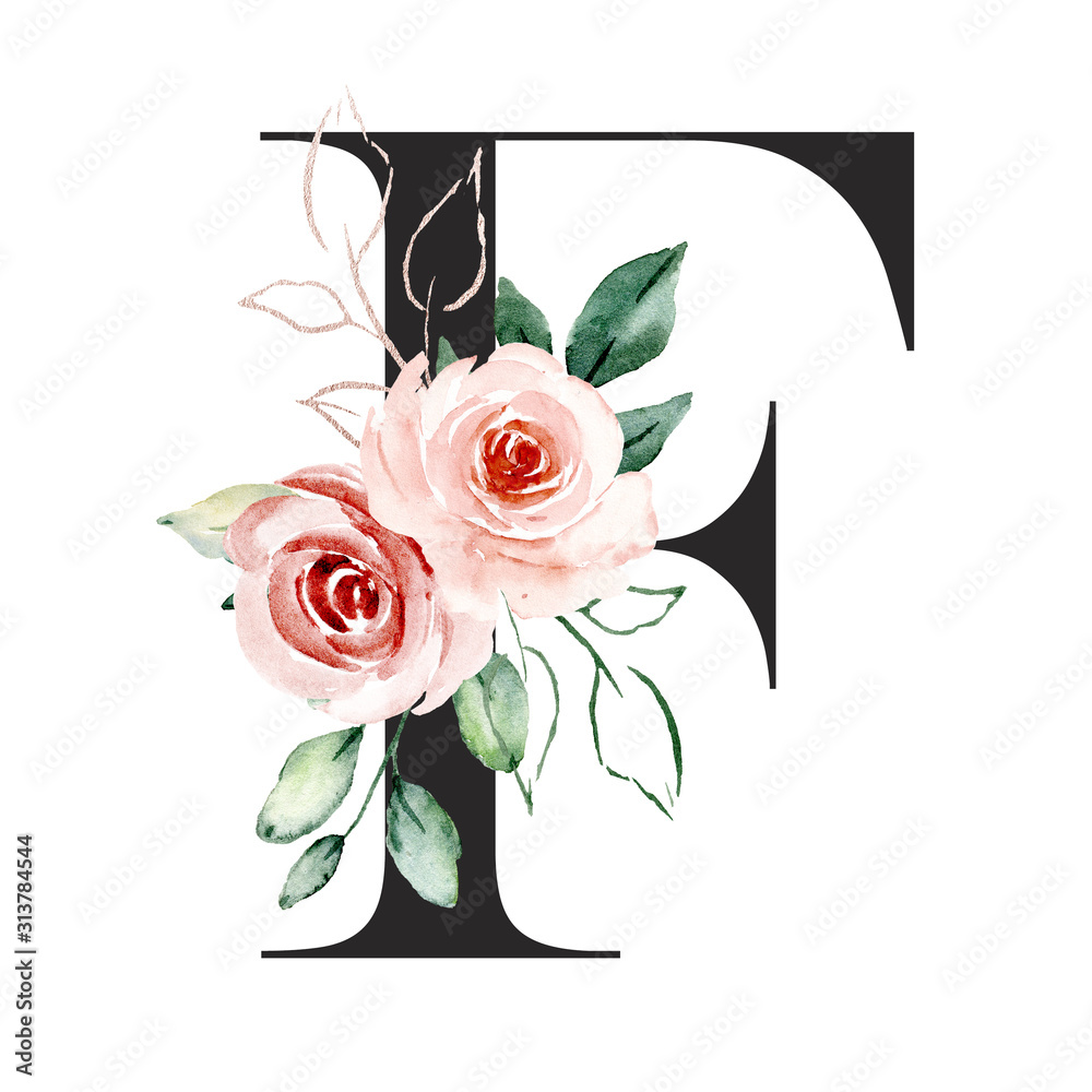 Letter f alphabet with watercolor flowers roses and leaf. Floral ...