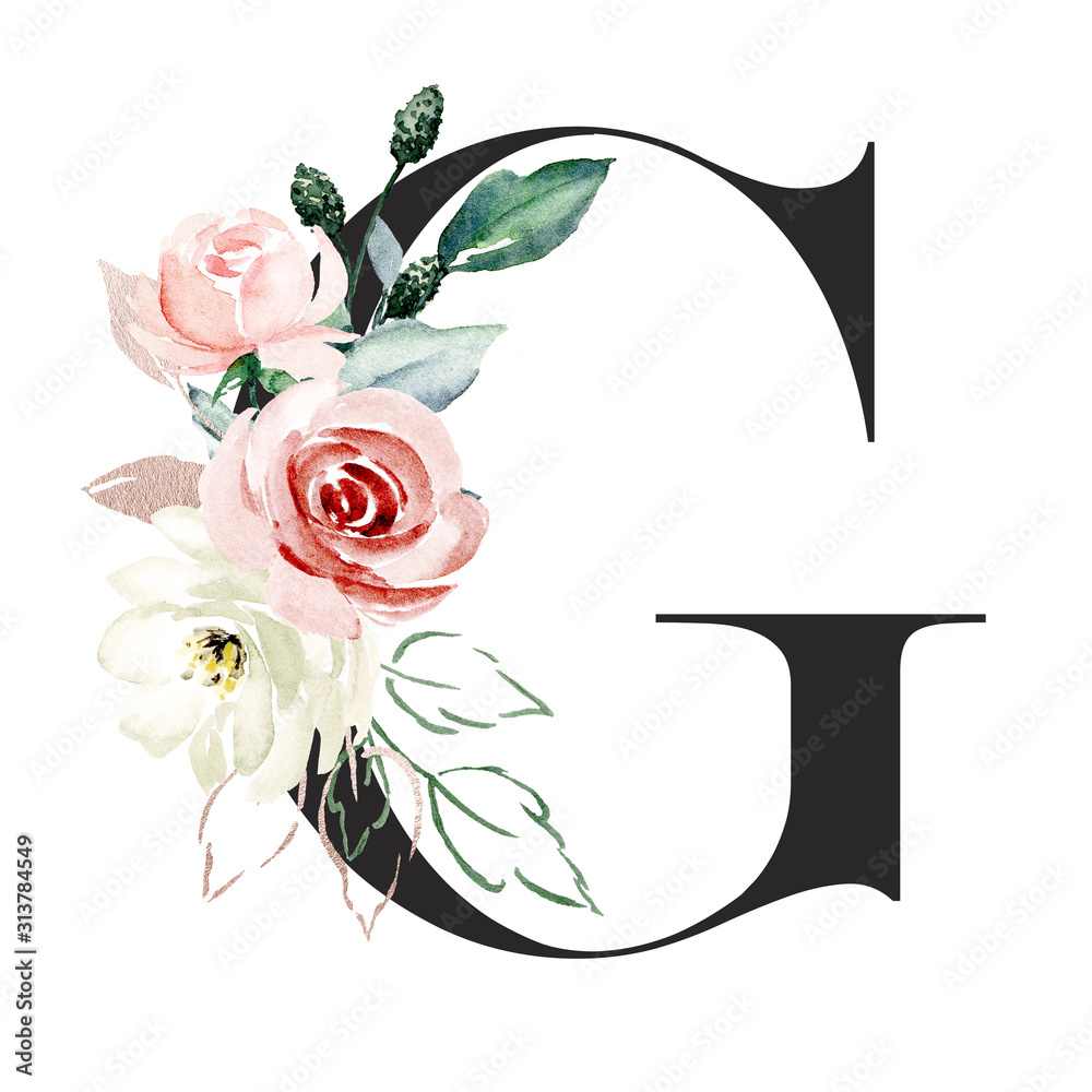 Letter g, alphabet with watercolor flowers roses and leaf. Floral ...