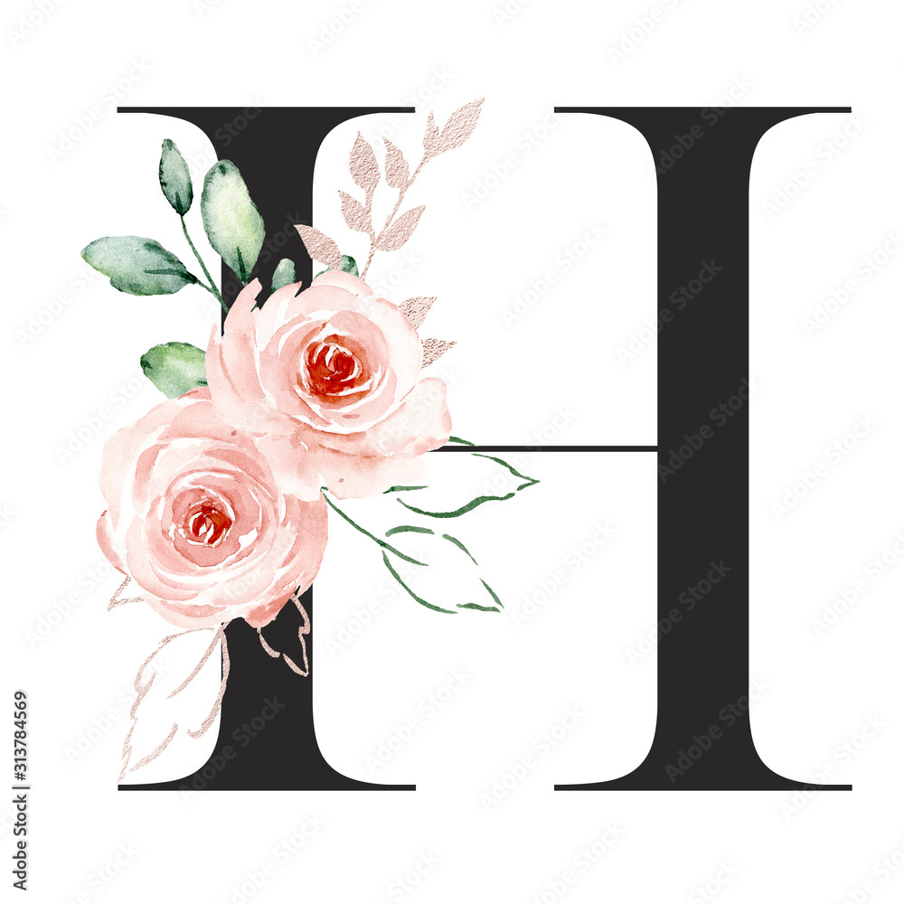 Letter h, alphabet with watercolor flowers roses and leaf. Floral ...