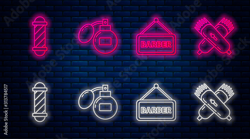 Set line Aftershave, Barbershop, Classic Barber shop pole and Crossed electrical hair clipper or shaver. Glowing neon icon on brick wall. Vector
