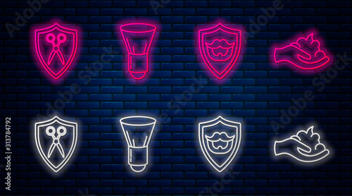 Set line Shaving brush, Mustache and beard on shield, Scissors hairdresser and shield and Shaving gel foam on hand. Glowing neon icon on brick wall. Vector