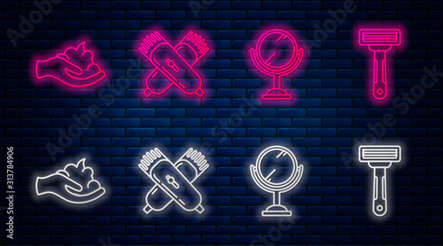 Set line Crossed electrical hair clipper or shaver, Hand mirror, Shaving gel foam on hand and Shaving razor. Glowing neon icon on brick wall. Vector