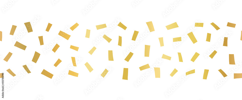 Gold foil confetti Seamless horizontal border. Geometric abstract vector pattern tile. Repeating banner design metallic golden texture. For cards, party invitation, packaging, surface design Gold foil confetti Seamless horizontal border. Geometric abstract vector pattern tile. Repeating banner design metallic golden texture. For cards, party invitation, packaging, surface design