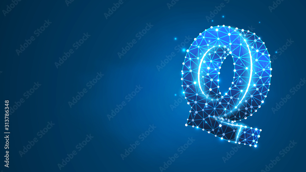 Alphabet letter Q. Design of an Uppercase english letter. Banner, template or a pattern. Abstract digital wireframe, low poly mesh, Raster blue neon 3d illustration. Triangle, line, dot Alphabet letter Q. Design of an Uppercase english letter. Banner, template or a pattern. Abstract digital wireframe, low poly mesh, Raster blue neon 3d illustration. Triangle, line, dot