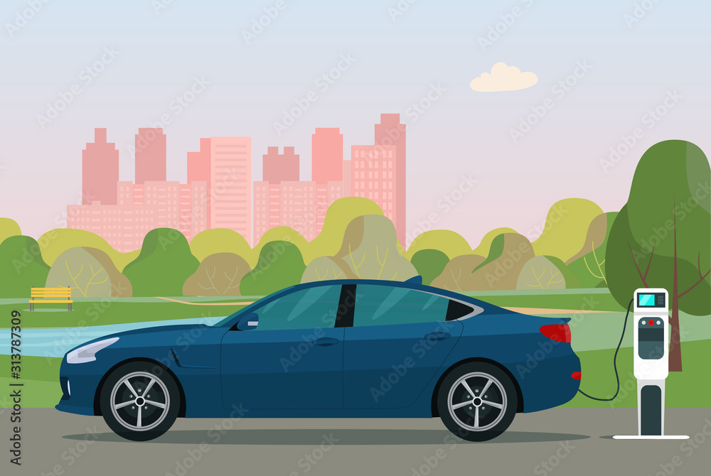 Electric sedan car in a city. Electric car is charging, side view. Vector flat style illustration.