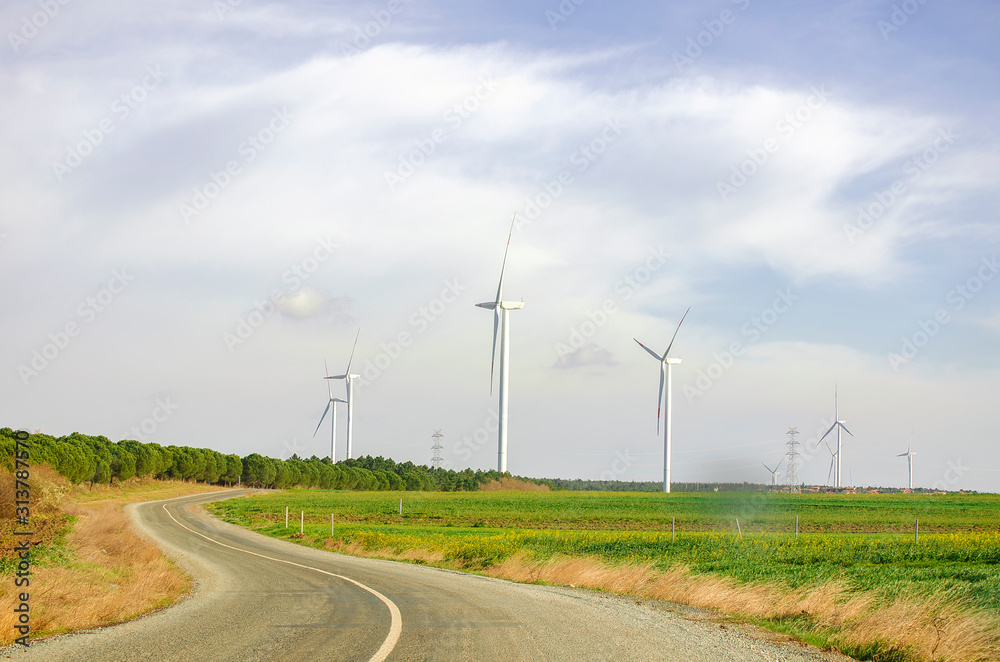 Suburban landscape. Windmills on side of asphalt road. Sunny summer day. Blue sky with white clouds. Green forest along road. Alternative energy unity with nature concept. Copy space. Selective focus.