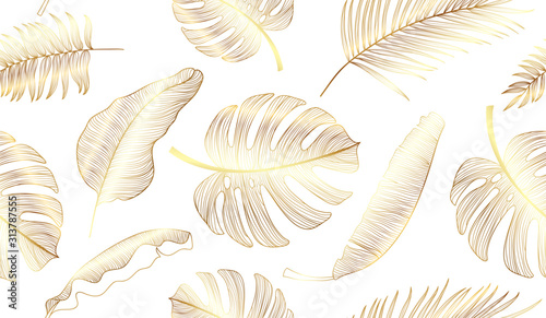 Gold Tropical leaf seamless pattern background, Gold texture with floral and palm leaf vetor.
