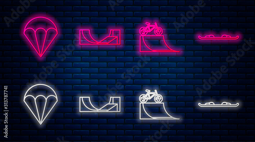 Set line Skate park, Bicycle on street ramp, Parachute and Snowboard. Glowing neon icon on brick wall. Vector
