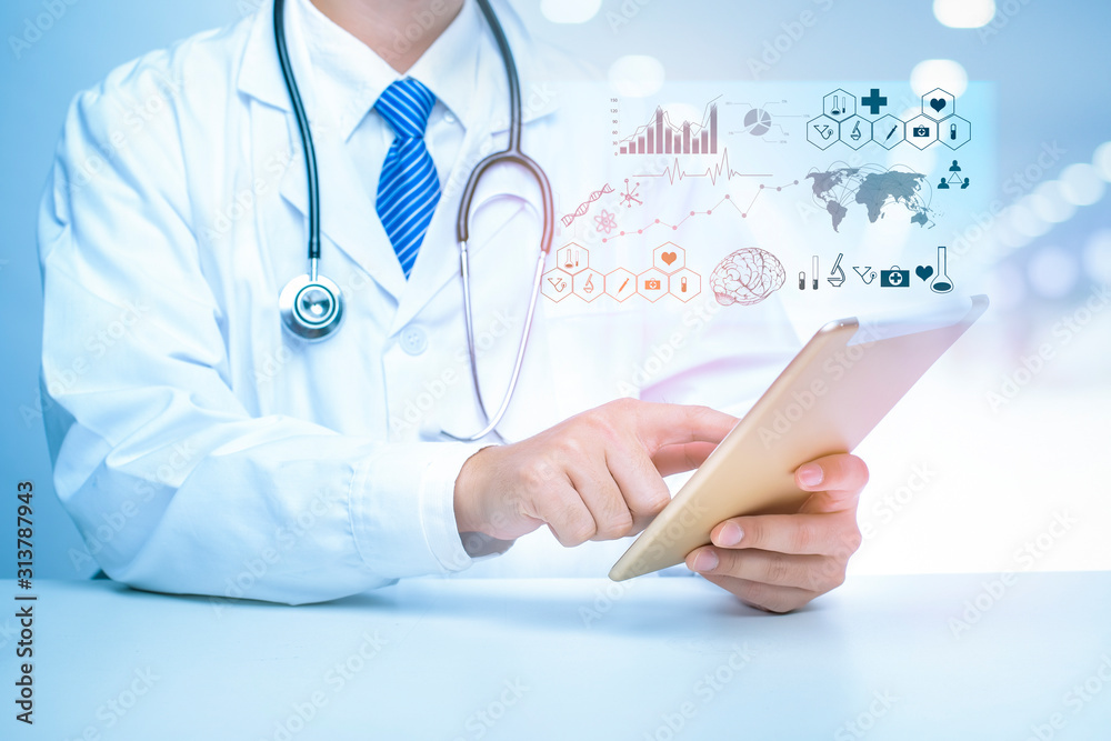Close up of Doctor is showing medical analytics data, Medical technology concept Close up of Doctor is showing medical analytics data, Medical technology concept