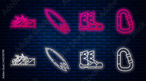 Set line Surfboard, Boots, Bicycle on street ramp and Carabiner. Glowing neon icon on brick wall. Vector