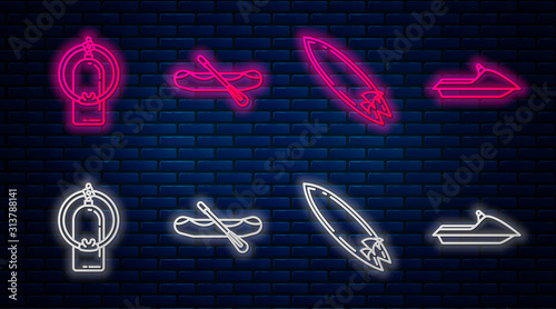 Set line Rafting boat, Surfboard, Aqualung and Jet ski. Glowing neon icon on brick wall. Vector