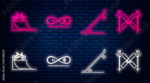 Set line Skateboard trick, Skateboard, Bicycle on street ramp and Ski and sticks. Glowing neon icon on brick wall. Vector