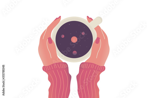 Female hands warm up in hot morning coffee mug.
