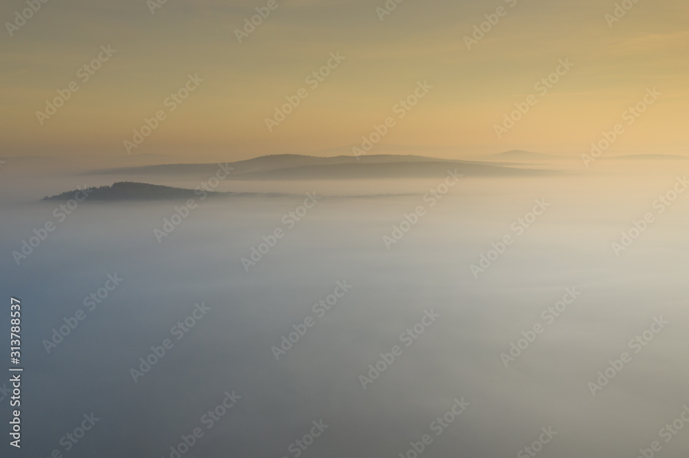 Aerial view of morning fog and sunrise in autumn