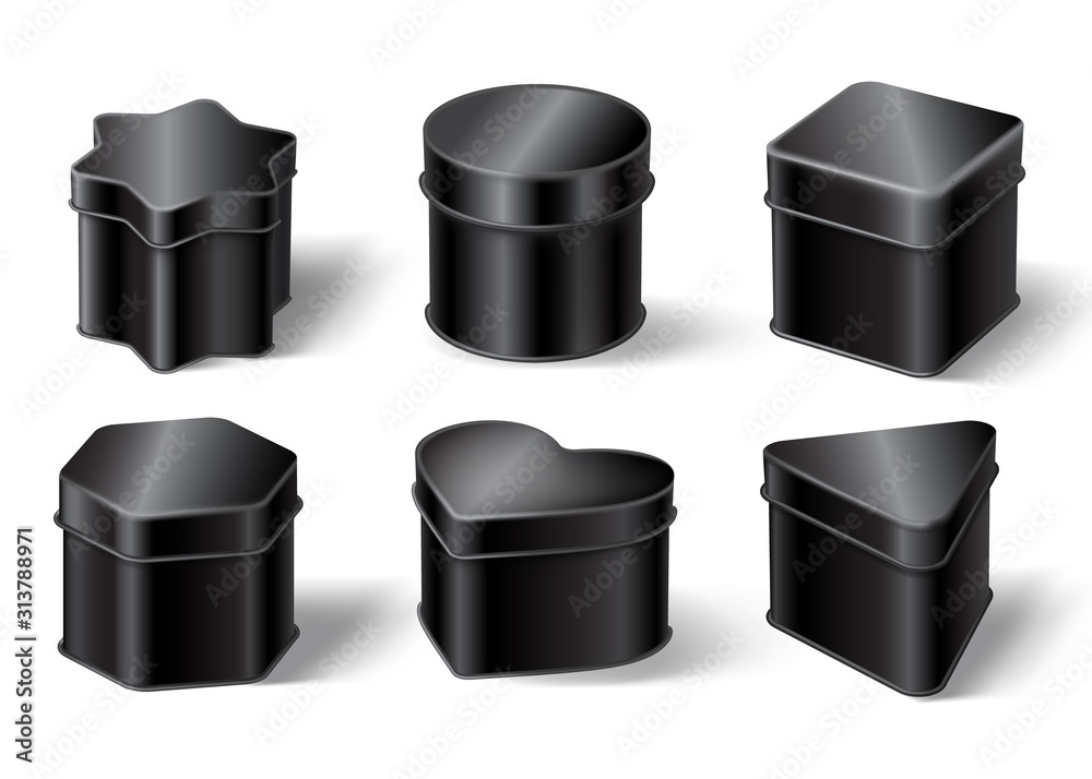 Black tin boxes for tea, coffee or candies. Vector realistic mockup of different shapes cans for packaging dry products, biscuits and sweets isolated on white background