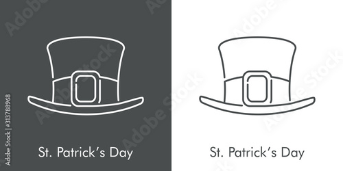 Día de San Patricio. Icono plano lineal sombrero de leprechaun en fondo gris y fondo blanco