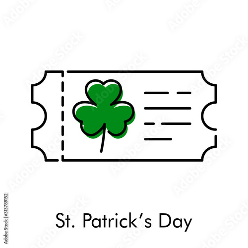 Día de San Patricio. Icono plano lineal ticket con trébol con color verde
