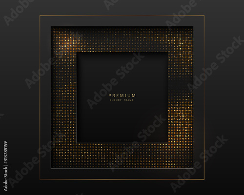 Vector black and gold abstract square luxury frame. Sparkling sequins on black background. Premium label design