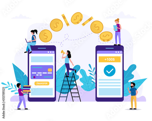 Sending money via smartphone. Payment application. Small people doing various tasks. Concept vector illustration in flat style