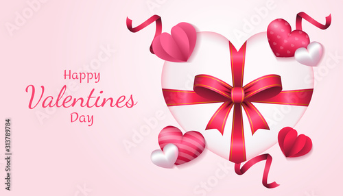 Valentines Day Background with 3d gift box, heart shape, paper love, and ribbon in pink and white color, applicable for invitation, greeting, celebration card