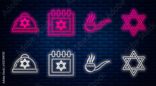 Set line Jewish calendar with star of david, Smoking pipe with smoke, Jewish kippah with star of david and Star of David. Glowing neon icon on brick wall. Vector