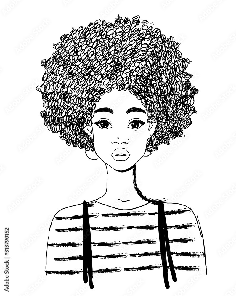 Portrait of a beautiful black woman. Linear drawing of an african american  girl with curly hair. Vector illustration isolated on a white background.  Stock Vector | Adobe Stock