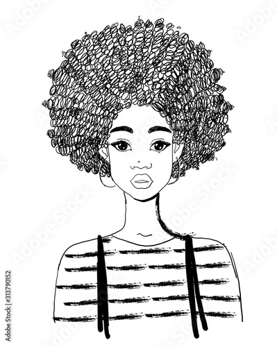 Portrait of a beautiful black woman. Linear drawing of an african american girl with curly hair. Vector illustration isolated on a white background.