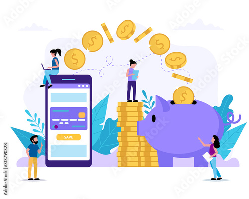 Savings account. Smartphone with application sending money to piggy bank. Small people doing various tasks. Vector illustration in flat style
