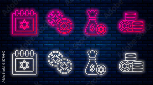 Set line Jewish coin, Jewish money bag with star of david and coin, Jewish calendar with star of david and Jewish coin. Glowing neon icon on brick wall. Vector