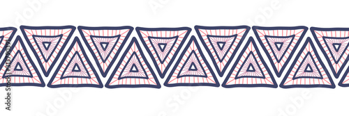 Hand drawn triangles seamless vector border. Boho style pattern tribal ethnic motifs. Geometric repeating background. Triangle shape repeat tile for banners, card, decor, fabric trim, ribbons.
