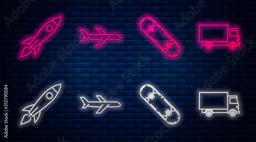 Set line Plane, Skateboard, Rocket ship with fire and Delivery cargo truck vehicle. Glowing neon icon on brick wall. Vector