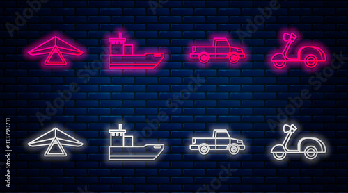 Set line Cargo ship, Pickup truck, Hang glider and Scooter. Glowing neon icon on brick wall. Vector