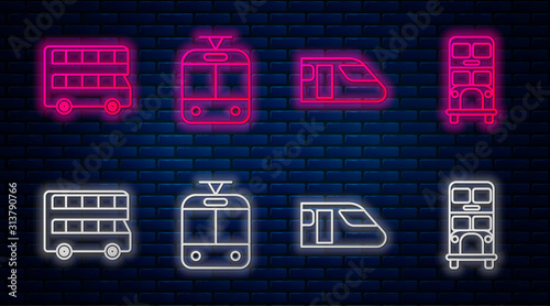 Set line Tram and railway, Train, Double decker bus and Double decker bus. Glowing neon icon on brick wall. Vector