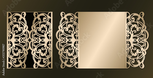 Laser cut template of wedding invitation. Mockup of greeting card with abstract curl ornament. Fold lace decor for Valentine's day. Die cut design for cnc. Openwork vector silhouette for envelope.