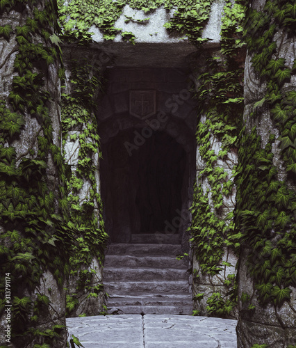 Fototapeta Naklejka Na Ścianę i Meble -  Entrance to the dark,Broken structure with Ivy scene,3d rendering