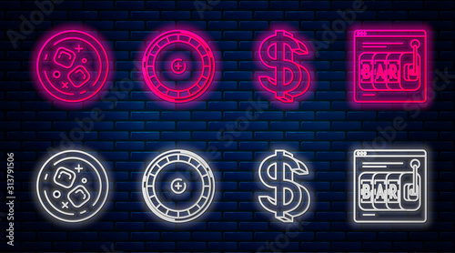 Set line Casino roulette wheel, Dollar symbol, Glass of whiskey and ice cubes and Online slot machine. Glowing neon icon on brick wall. Vector