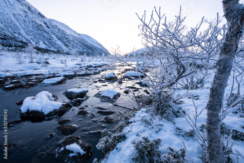 Flusslandschaft im Winter in Nord Norwegen  Frost und Eis in der blauen Stunde