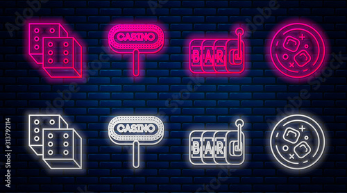 Set line Casino signboard, Slot machine, Game dice and Glass of whiskey and ice cubes. Glowing neon icon on brick wall. Vector