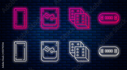 Set line Glass of whiskey and ice cubes, Game dice, Playing card back and Poker table. Glowing neon icon on brick wall. Vector